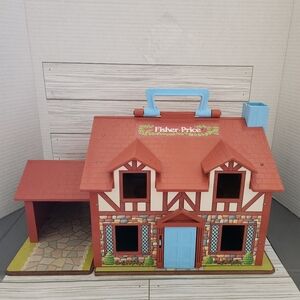 Vtg 1980 Fisher Price Tudor House with People, Furniture, Cars, and Pets!!